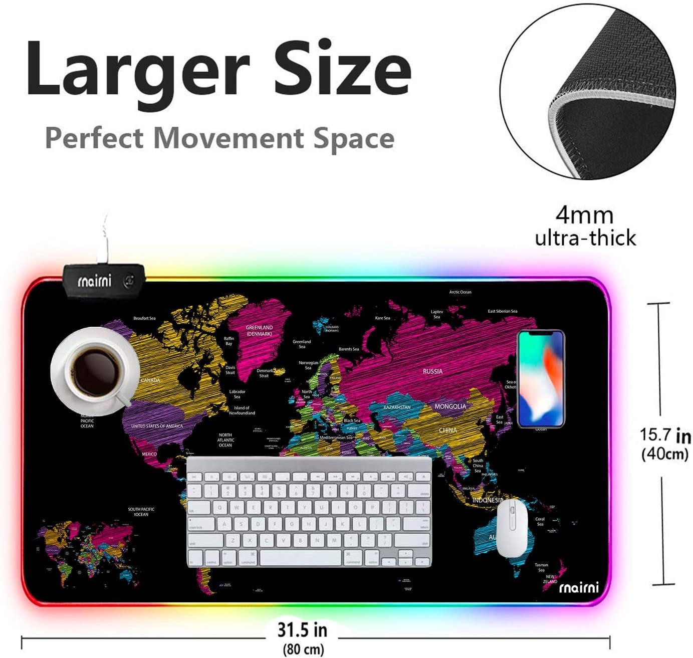 Extended RGB Mouse Pad Mat, Large Office Table Desk Mat Gaming Lighting Led Mousepad for PC Computer Macbook Keyboard Waterproof Anti-Slip Ultra Thin 4Mm - 31.5'' X 15.7' (Black Map)