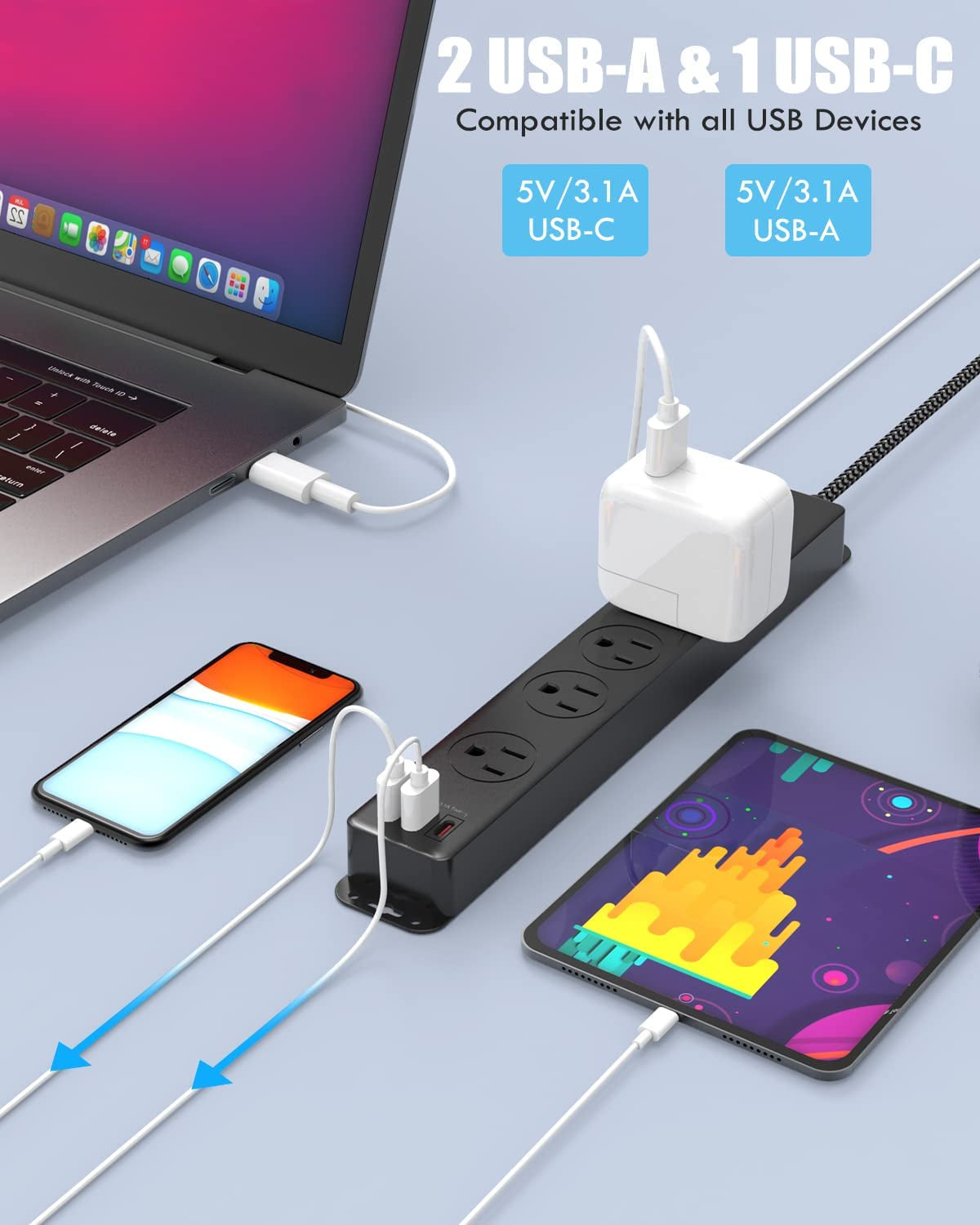 Surge Protector Power Strip with USB C Ports, 5FT Braided Extension Cord, 5 Outlets and 3 USB Ports(1 USB C), Mountable Power Strips Flat Plug with Overload Protection
