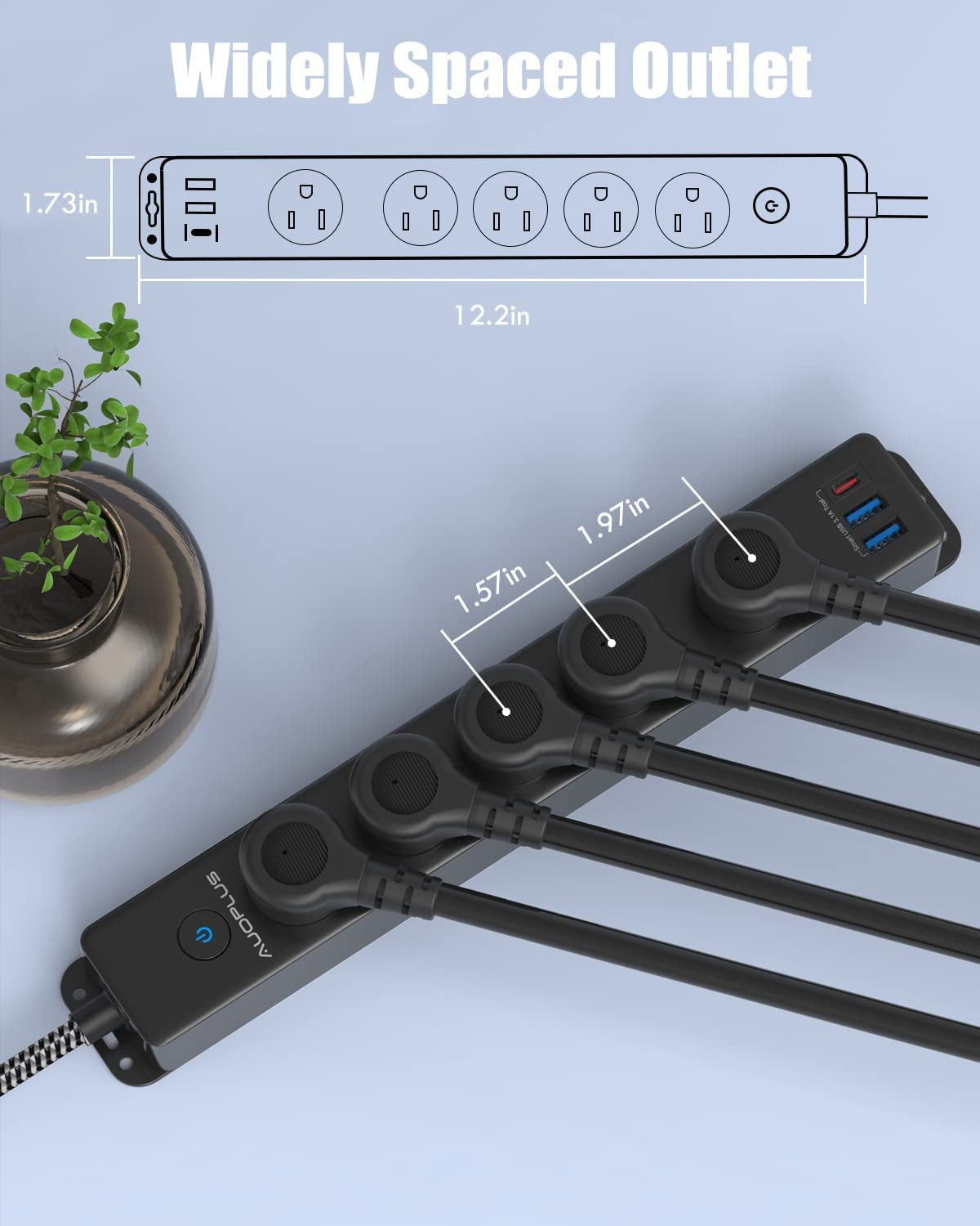 Surge Protector Power Strip with USB C Ports, 5FT Braided Extension Cord, 5 Outlets and 3 USB Ports(1 USB C), Mountable Power Strips Flat Plug with Overload Protection
