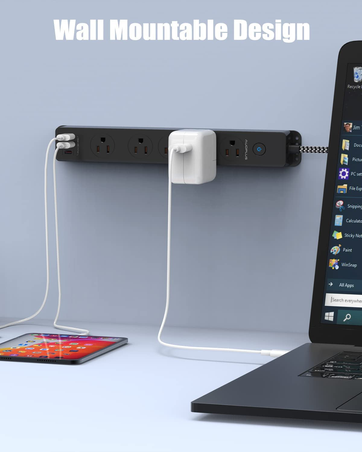 Surge Protector Power Strip with USB C Ports, 5FT Braided Extension Cord, 5 Outlets and 3 USB Ports(1 USB C), Mountable Power Strips Flat Plug with Overload Protection