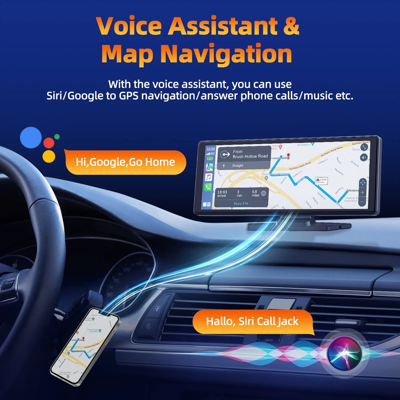 9.26" Touchscreen Wireless Carplay Screen for Car, Portable GPS Navigation for Car, Car Stereo with Airplay, AUX/FM, Googel, Siri
