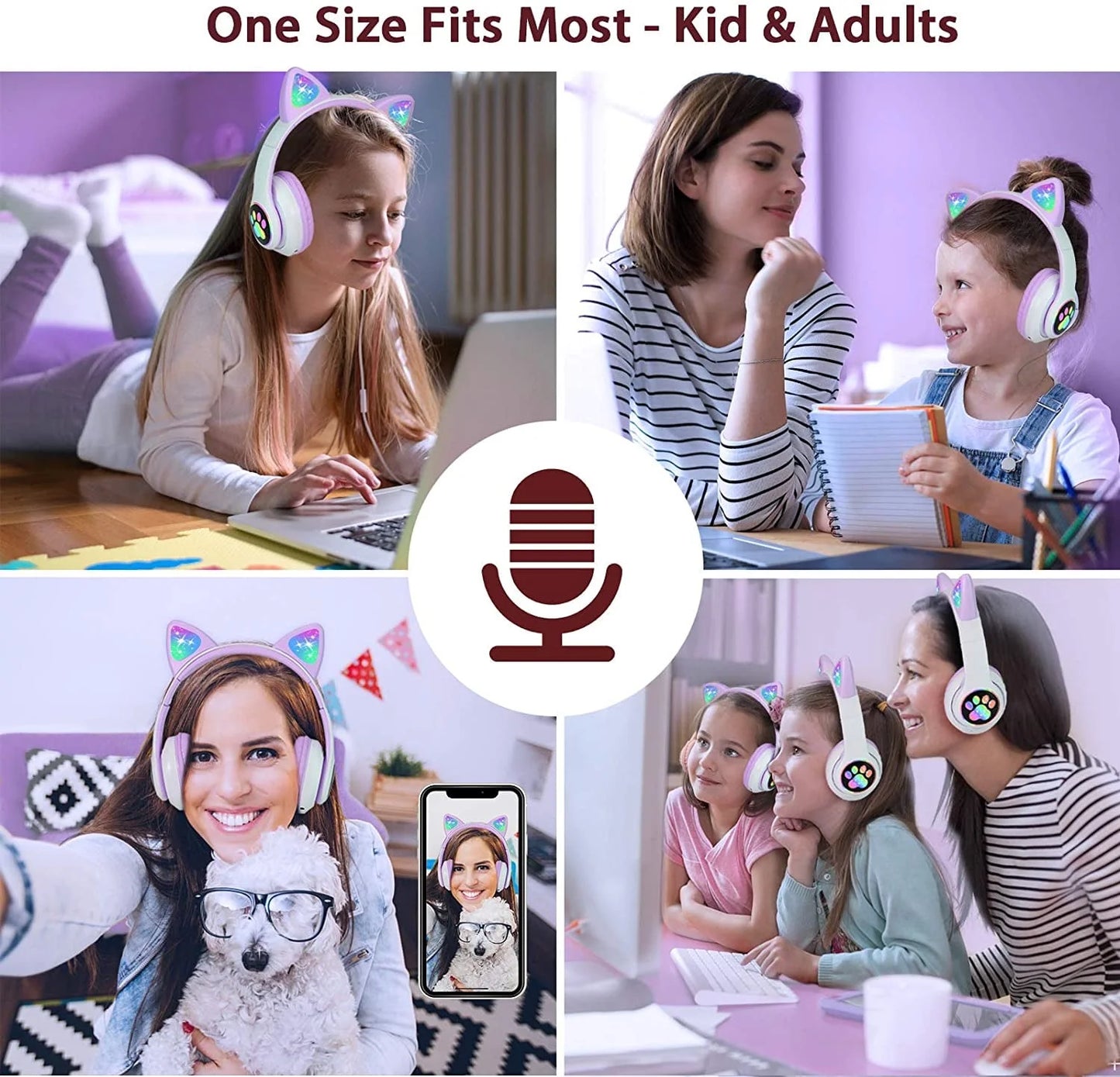 Kids Headphones, Cat Ear Wireless Headphones, LED Light up Kids Bluetooth Headphones over on Ear W/Microphone for School