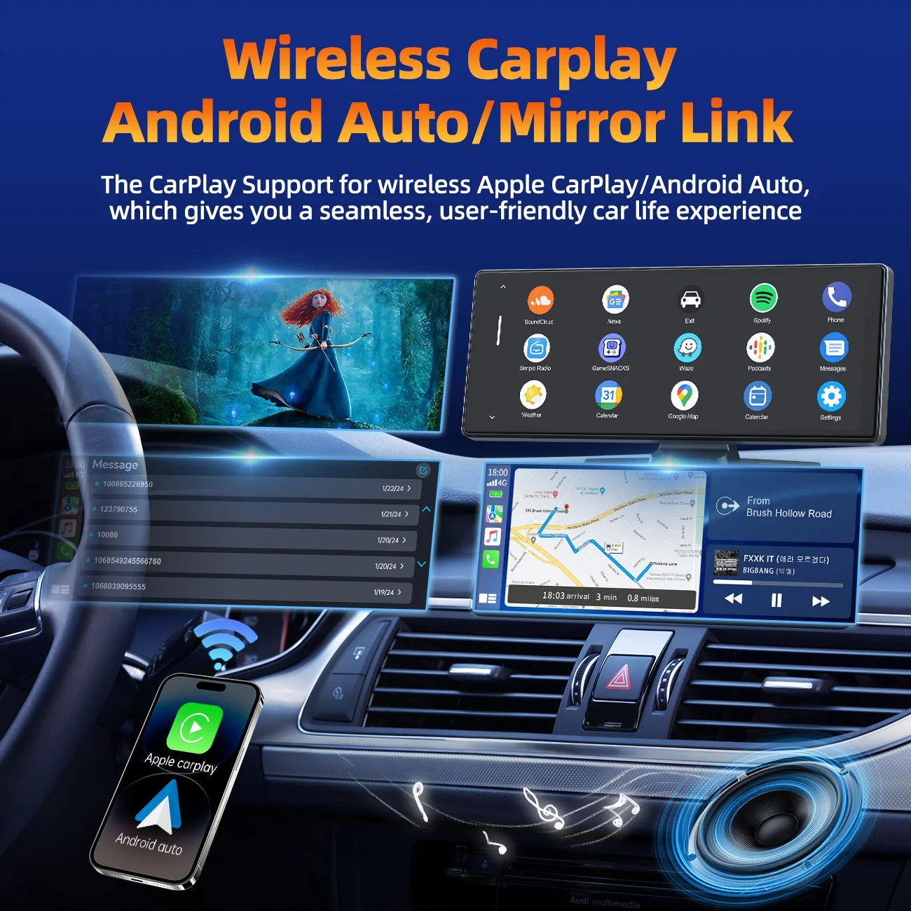 9.26" Touchscreen Wireless Carplay Screen for Car, Portable GPS Navigation for Car, Car Stereo with Airplay, AUX/FM, Googel, Siri