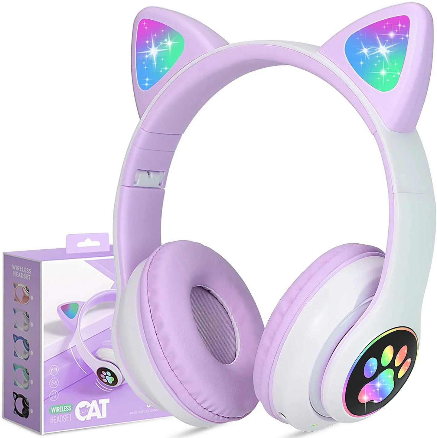 Kids Headphones, Cat Ear Wireless Headphones, LED Light up Kids Bluetooth Headphones over on Ear W/Microphone for School