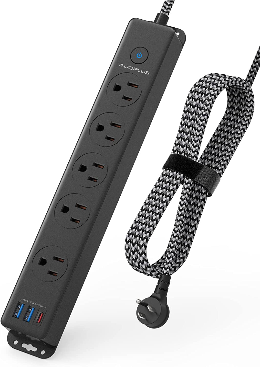 Surge Protector Power Strip with USB C Ports, 5FT Braided Extension Cord, 5 Outlets and 3 USB Ports(1 USB C), Mountable Power Strips Flat Plug with Overload Protection