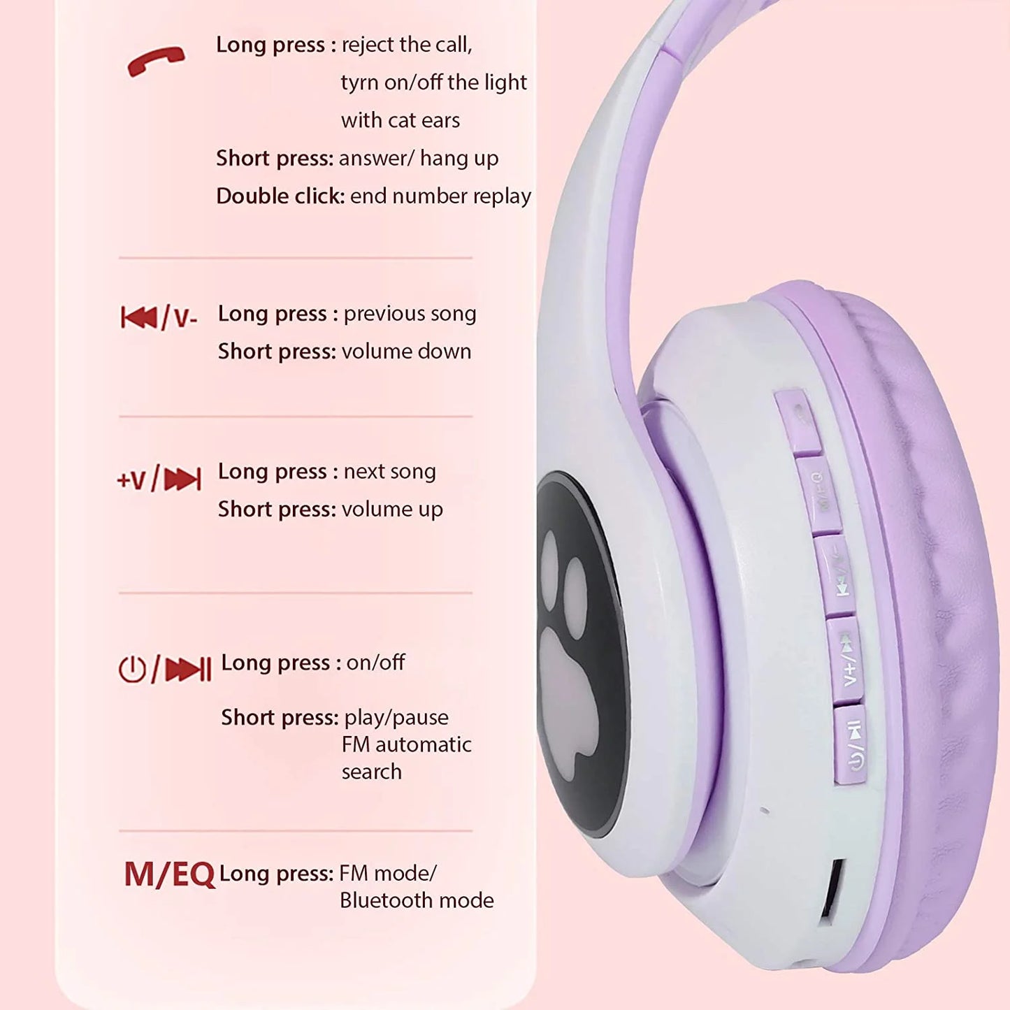 Kids Headphones, Cat Ear Wireless Headphones, LED Light up Kids Bluetooth Headphones over on Ear W/Microphone for School