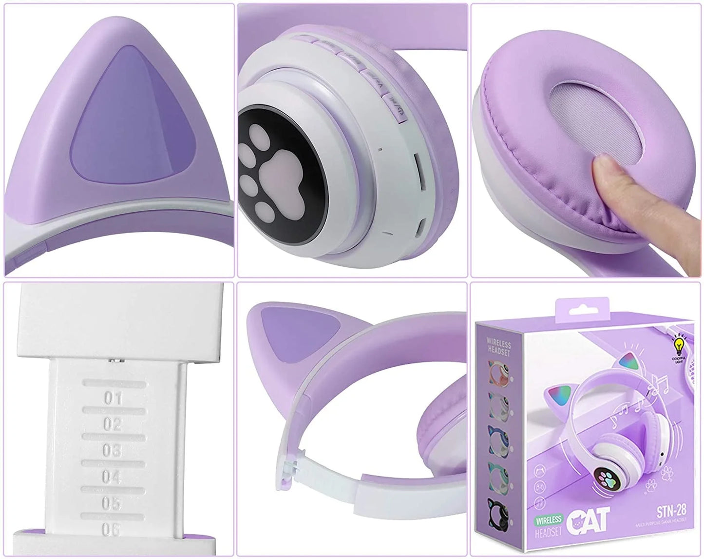 Kids Headphones, Cat Ear Wireless Headphones, LED Light up Kids Bluetooth Headphones over on Ear W/Microphone for School