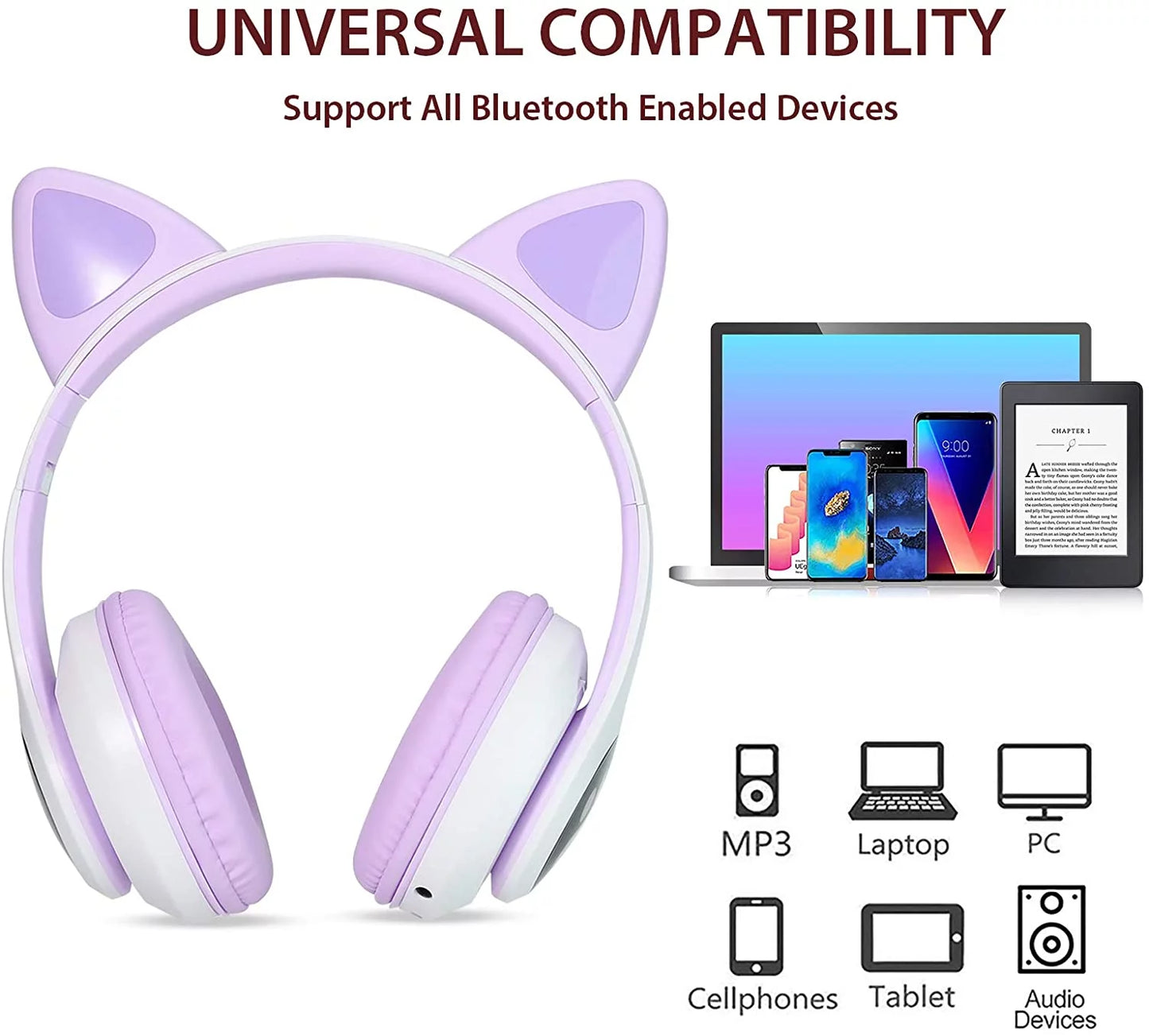 Kids Headphones, Cat Ear Wireless Headphones, LED Light up Kids Bluetooth Headphones over on Ear W/Microphone for School