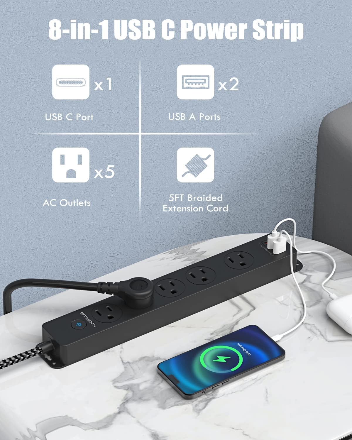 Surge Protector Power Strip with USB C Ports, 5FT Braided Extension Cord, 5 Outlets and 3 USB Ports(1 USB C), Mountable Power Strips Flat Plug with Overload Protection
