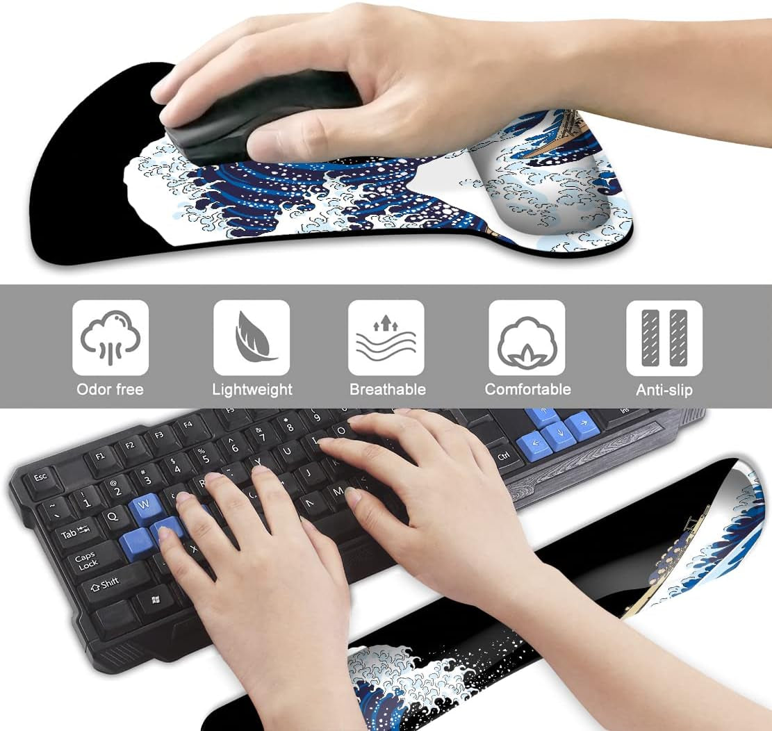 Keyboard Wrist Rest Pad and Mouse Wrist Rest Support, Comfort Wrist Rest Pad with Non-Slip Rubber Base & Memory Foam Support for Working Gaming Fatigue Pain Relief the Great Wave