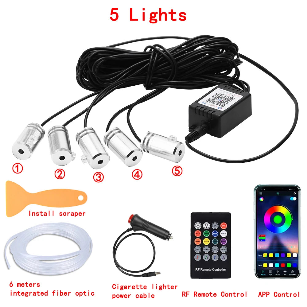 LED Car Interior Ambient Strip Lights RGB Fiber Optic Atmosphere Neon Lighting Kit W/ APP Remote Control Auto Decorative Lamps