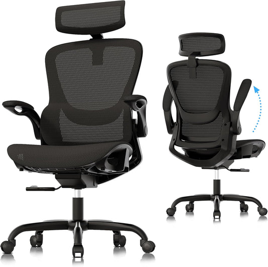 Ergonomic Mesh Office Chair, Adjustable Home Desk Chair with Folding Armrest, 2D Headrest, Soft Seat and PU Wheel, Black Swivel Task Chair for Office, Business, Student (GY1108)