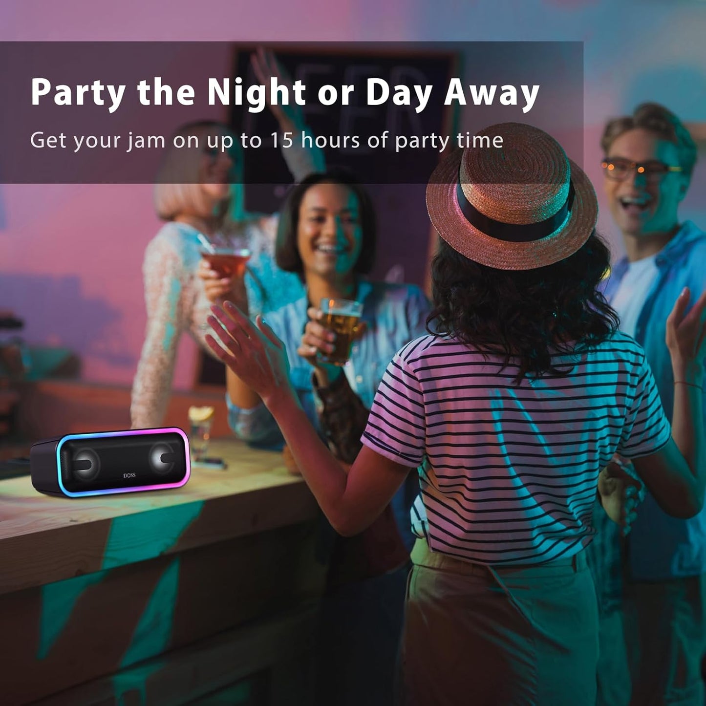 Soundbox Pro+ Bluetooth Speaker with 24W Impressive Sound, Extra Bass, IPX6 Waterproof, 15H Playtime, Wireless Stereo Pairing, Multi-Colors Light, Portable for Outdoor, Home, Party, Beach