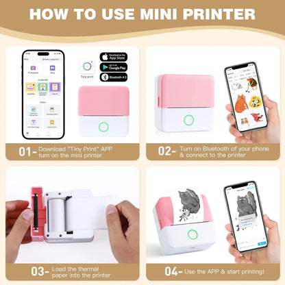 Thermal Mini Printer, Portable Inkless Bluetooth Sticker Maker with 10 Rolls Paper, Pink