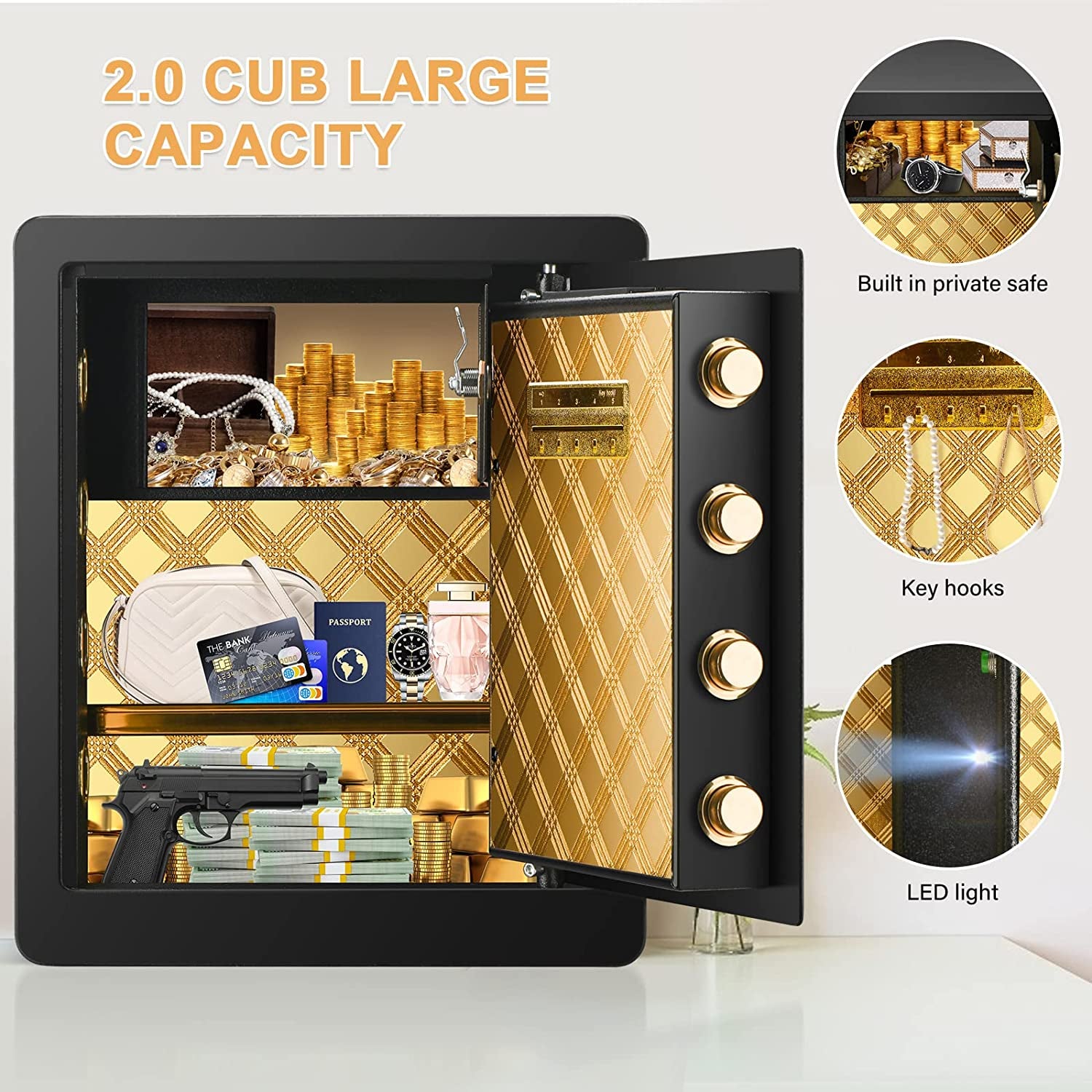 2.12 Cub Safe Box Fireproof Waterproof, Security Home Safe with Fireproof Document Bag, Large Fireproof Safe Box for Home with Inner Cabinet and LCD Display, Safe Box for Money Jewelry Documents