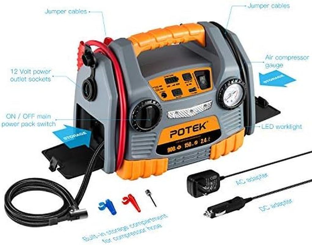 Jump Starter Source with 150 PSI Tire Inflator/Air Compressor,900 Peak Amps Power Station with 2.4A USB Port