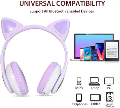 Kids Headphones,  Cat Ear Wireless Headphones, LED Light up Kids Bluetooth Headphones over on Ear W/Microphone for School