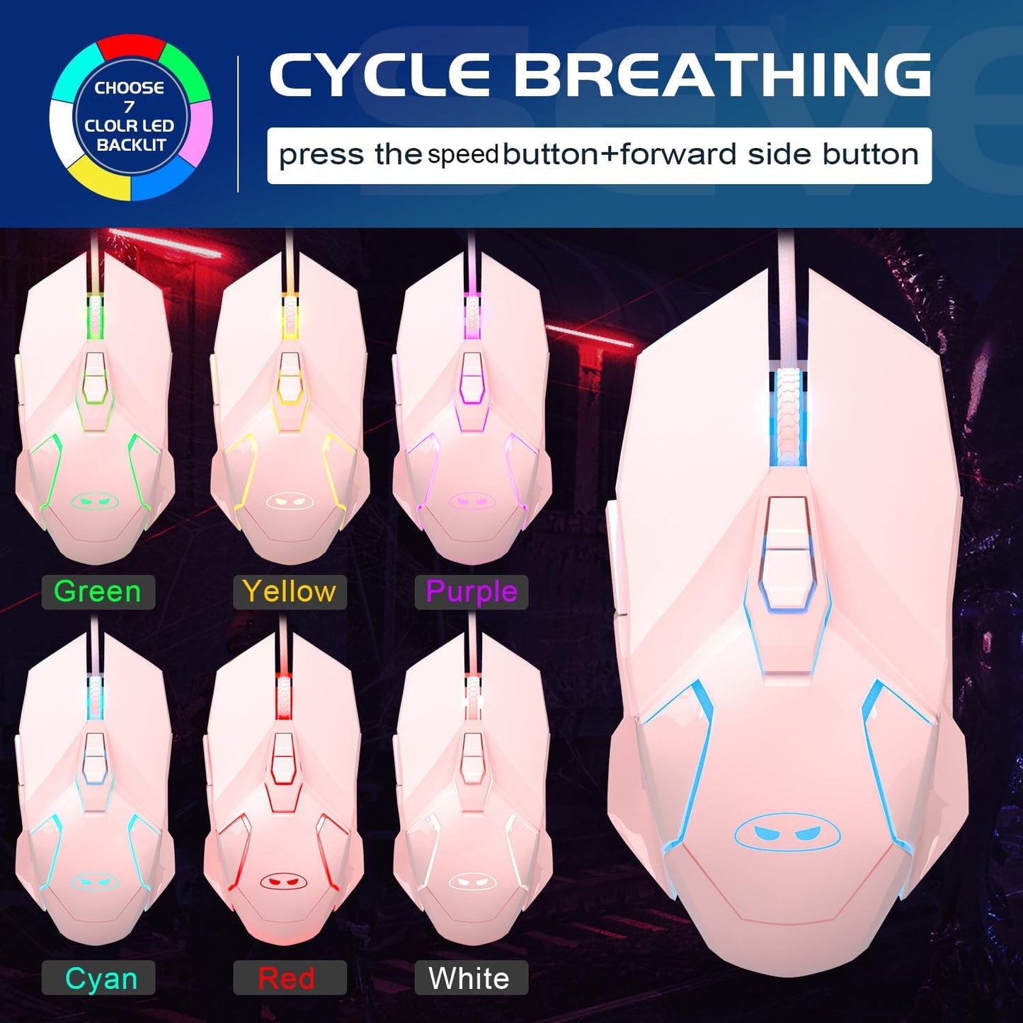 G10 Gaming Mouse Wired, 7 Colors Breathing LED Backlit Gaming Mouse, 6 Adjustable Speeds, Ergonomic Optical Computer Mouse with 7 Buttons for Windows PC Gamers