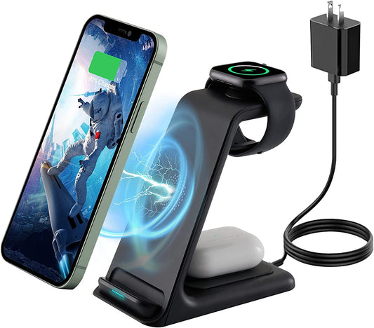 Wireless Charger Station,3 in 1 Fast Wireless Charger for Apple Watch Series Se/7/6/5/4/3/2,Airpods 2/Pro,Compatible with Iphone 13/13 Pro Max/Series 12/11/X/8/8 plus (Black)